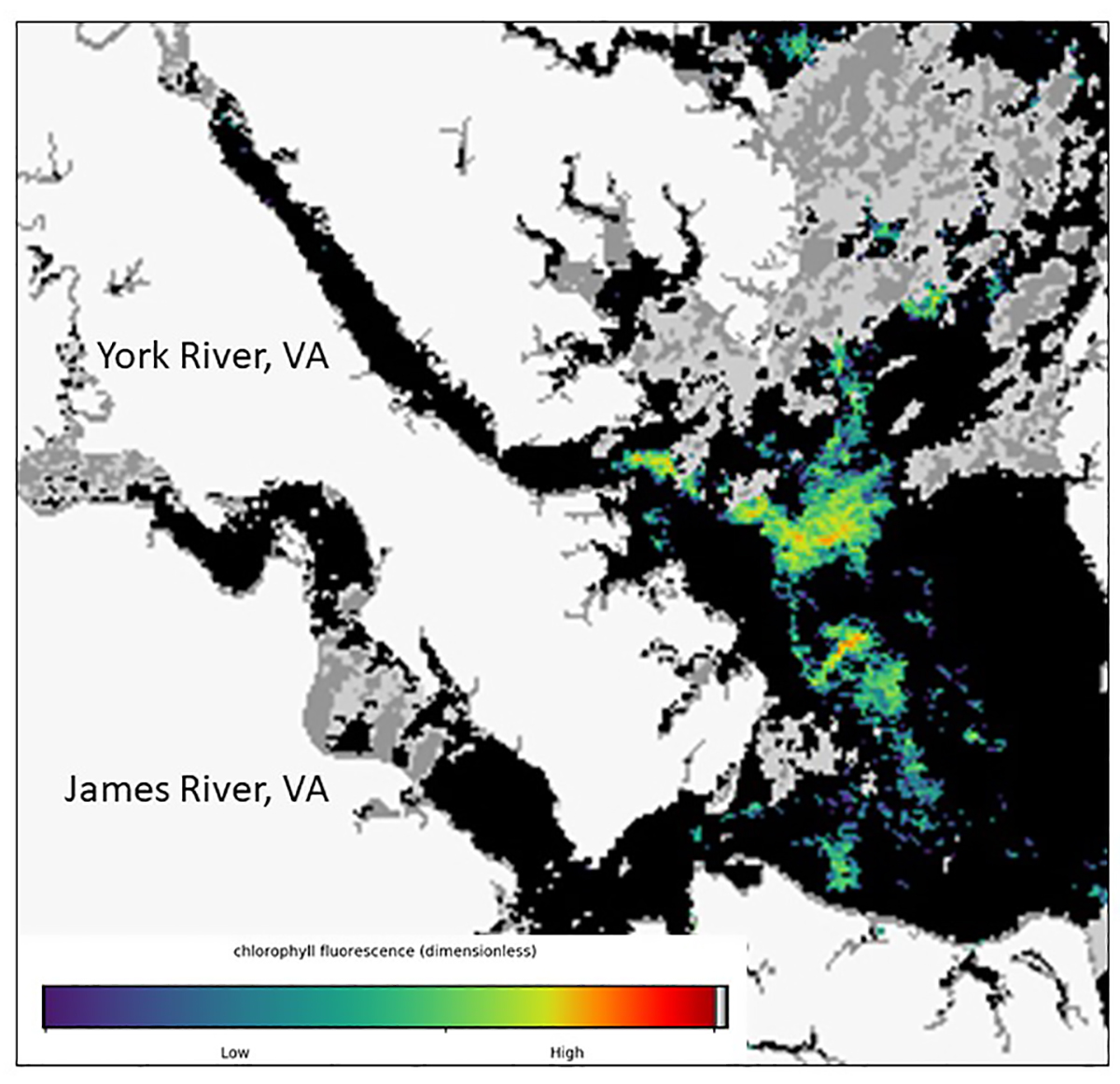 Chlorophyll fluorescence in the York and James Rivers region (Virginia)